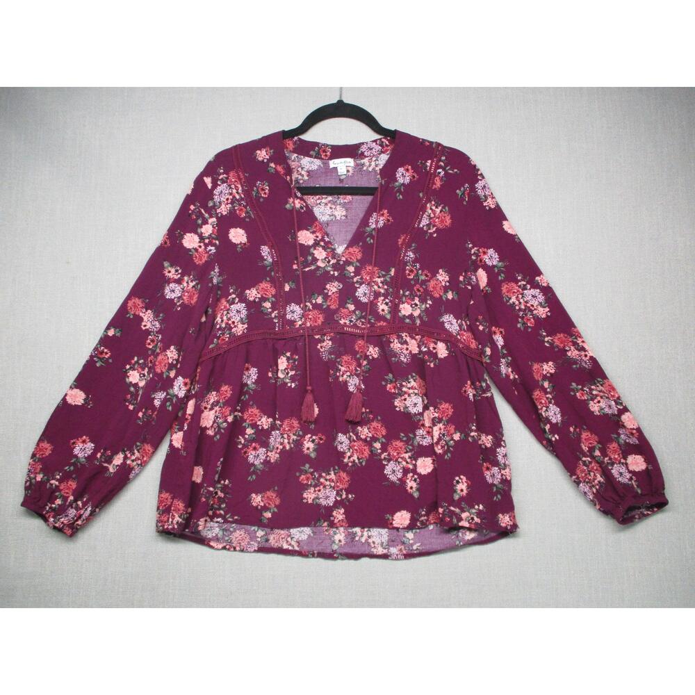 Love & Fire Maroon Floral Bohemian Boho V-Neck Long Sleeve Blouse Size M